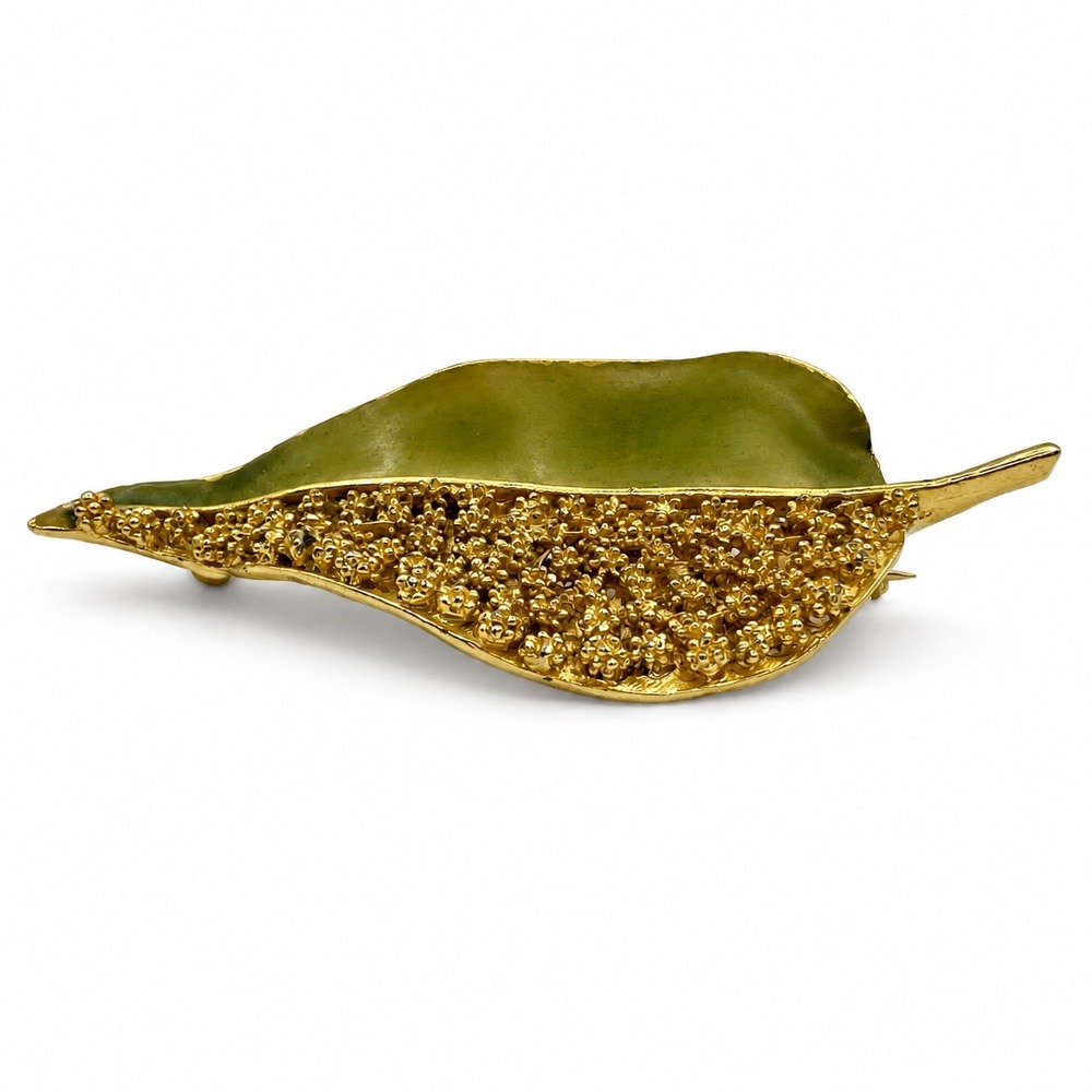 Vintage BSK‎ Gold Tone Green Enamel Textured Leaf Brooch Pin Mid Century Modern